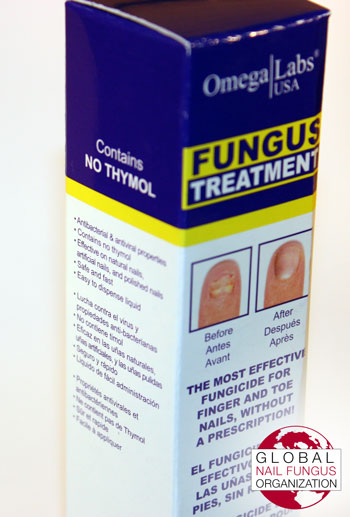 Side view of Omega Lab's Fungus Treatment packaging.